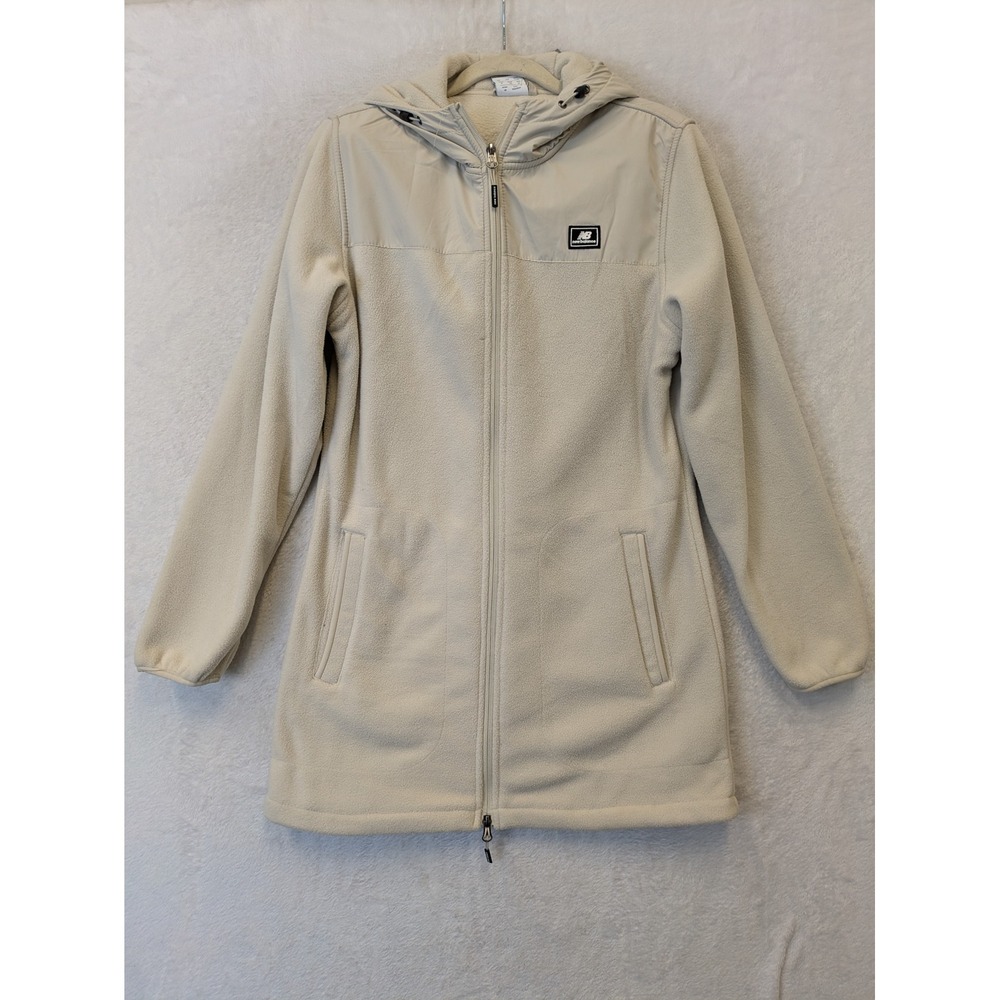 New Balance Womens Longline Fleece Hooded Jacket Cream Beige Full Zip Small NEW